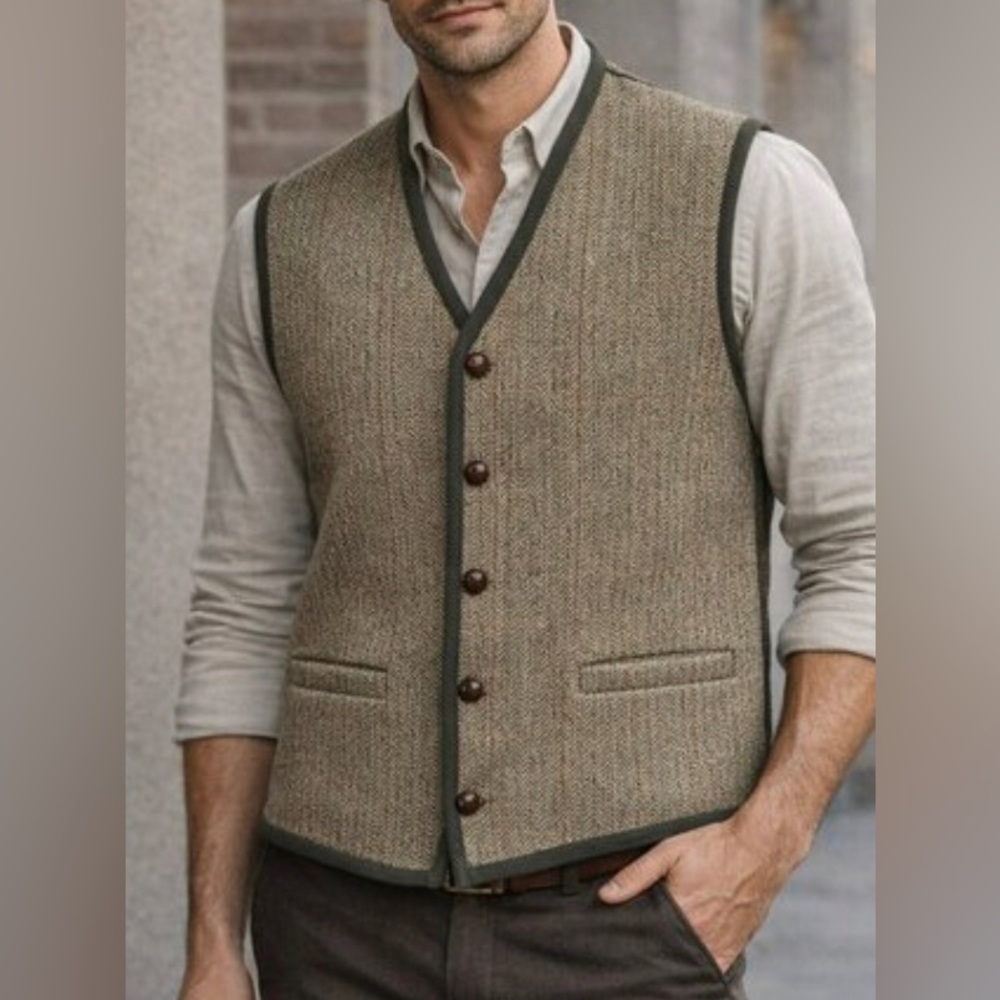 Orvis Men's Herringbone Vest Brown tan & Green L new